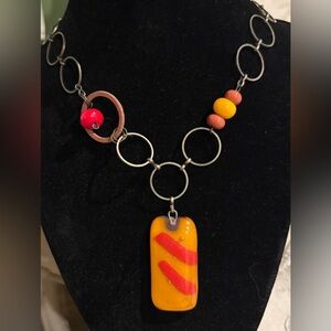 Handmade Yellow and Red Glass Pendant Necklace - Women Jewelry